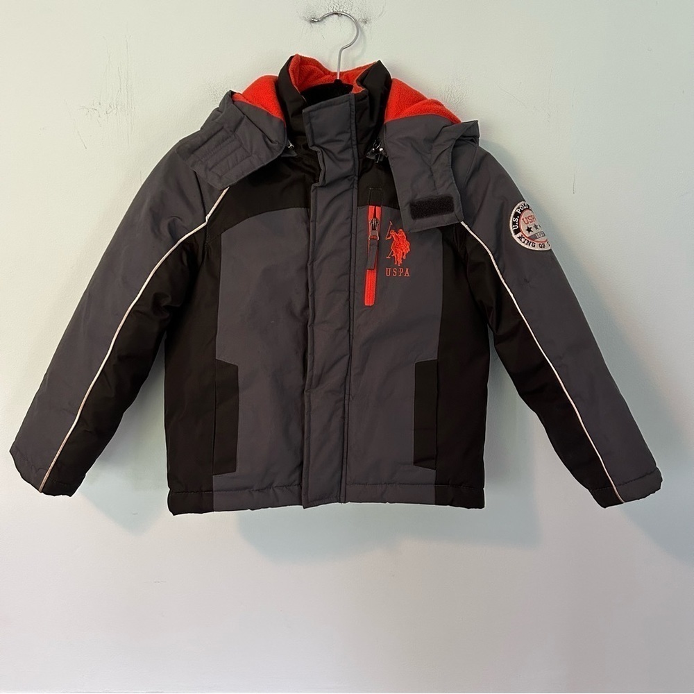 U.S. Polo Assn. Gray & Orange Zip-Up Hooded Puffer Coat Size 5/6